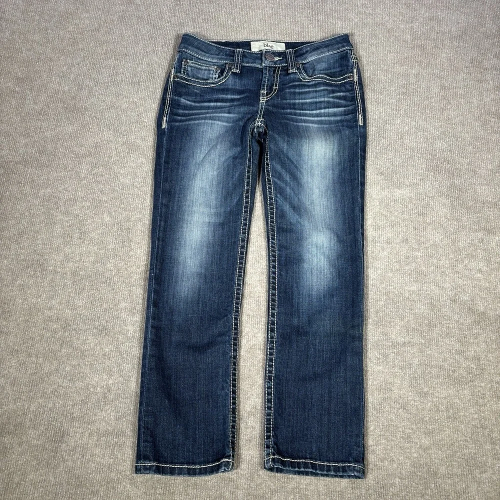BKE Jeans Youth Girls Size 14 Adelyn Crop Dark Blue Denim Faded Distressed Y2K